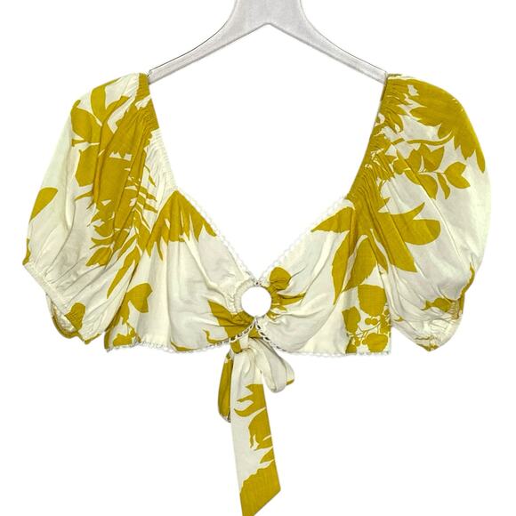 Saints + Secrets M Mustard Yellow Floral Crop Top Puff Sleeves Travel Tropical - Picture 2 of 8